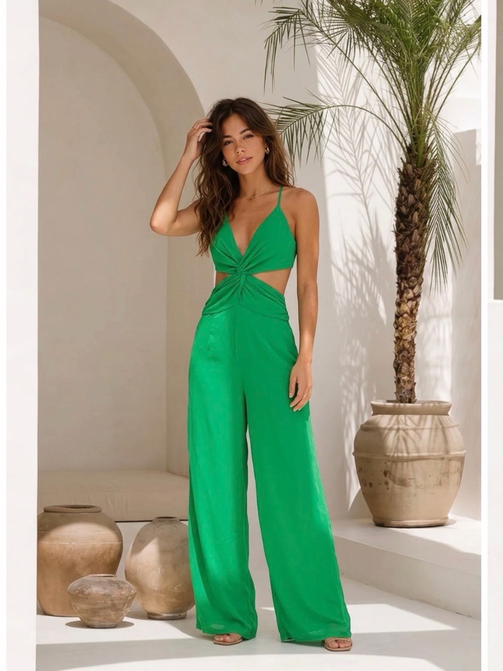 Emerald Cutout Wide-Leg Jumpsuit with Twist Front